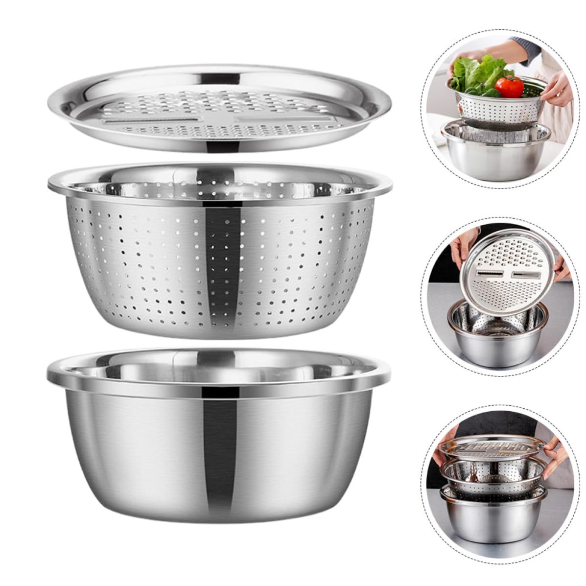 Juego de Coladores de Acero Inoxidable 3 Piezas con Borde Grueso | Plata, Lavado y Cocina Doméstica, Cuenco para Cortar Verduras con Gran Reborde