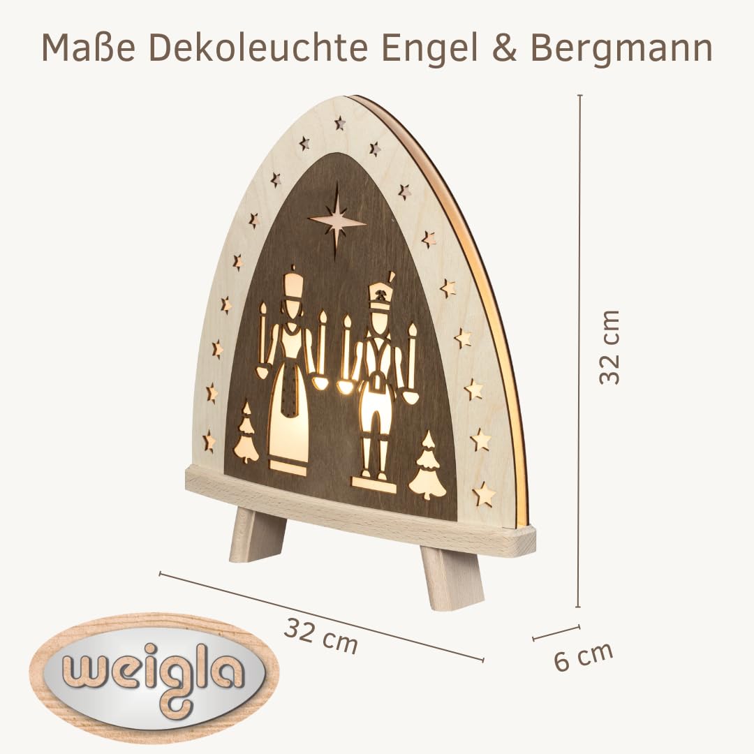 weigla - Dekoleuchte original Erzgebirge I Motiv Engel & Bergmann I 1 LED Lampe I 0,8 W, E14 I Weihnachtsdeko innen I Weihnachtsbeleuchtung aus Holz I Fensterdeko