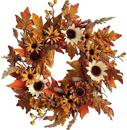 18" Fall Wreaths for Front Door with Maple Leaves Daisy Sun Flower, Fall Door Wreath Autumn Wreath for Thanksgiving Halloween Outdoor Indoor Farmhouse Party Holiday Porch Wall Window Home Decoration White Daisy
