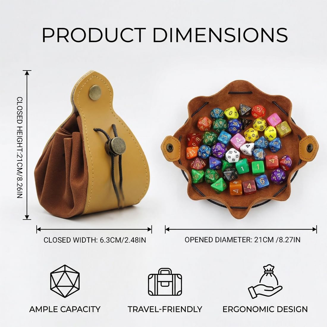 Borsa per Dadi, Vassoio Dadi Set, Adjustable Dice Collector, 2 in 1 Sacchetto Porta Dadi Velluto, Vassoio vuoto con coulisse e bottone Borsa porta dadi in pelle, per Monete e Tabacco