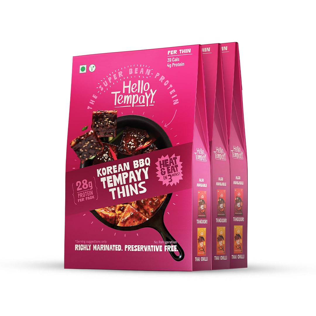 Hello Tempayy Korean BBQ Tempeh Thins - Value Pack of 3 | 30g High Protein | More Nutritious Than Paneer & Tofu | Heat & Eat Snack | Fermented & Gut-Friendly | Ready in 3 Minutes
