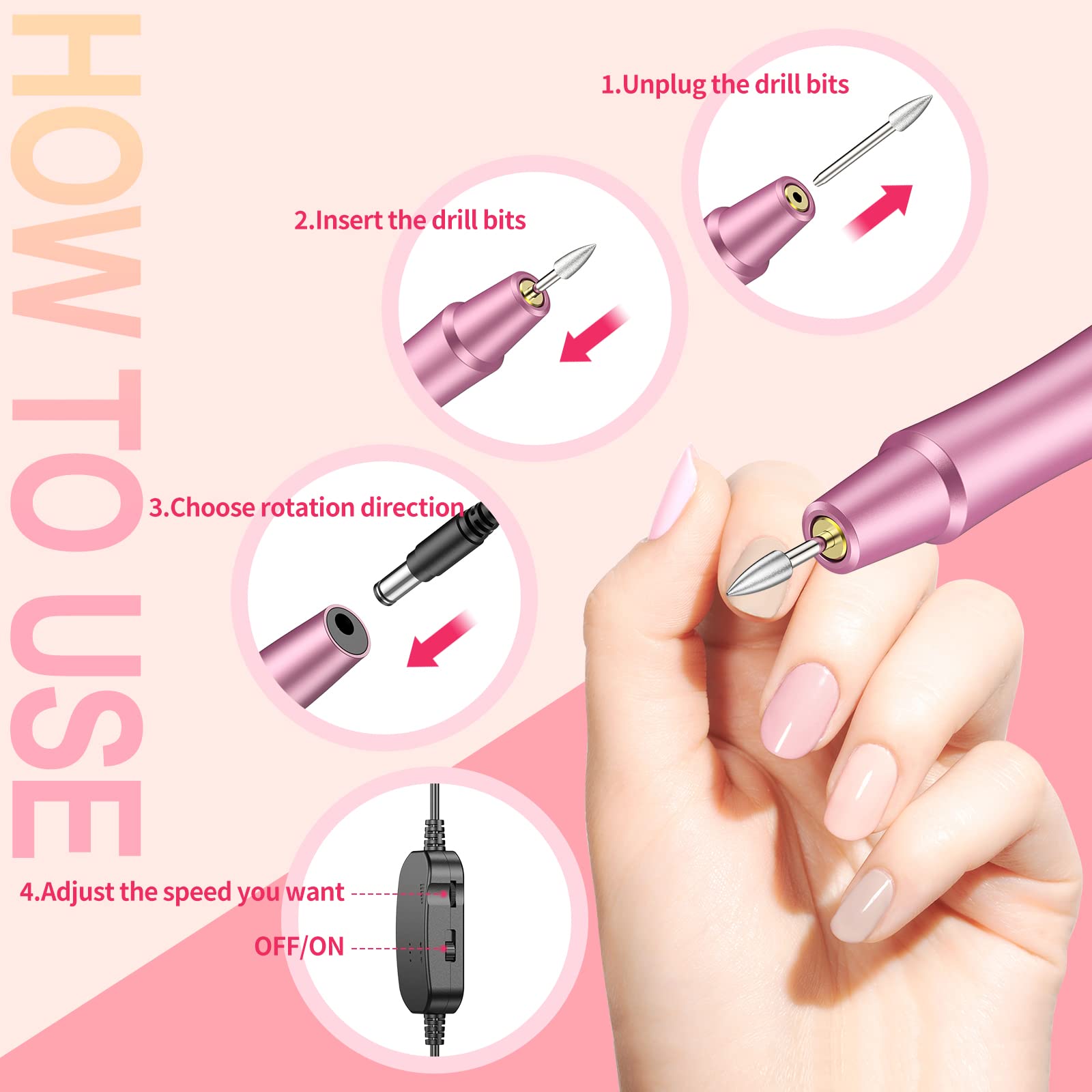 Torno para Uñas Profesional, Lima Electrica Uñas 12 en 1 Kit de Manicura y Pedicura Eléctrico Pulido Salón DIY Hogar, Velocidad Ajustable, Día de la Madre Regalo (rosa)