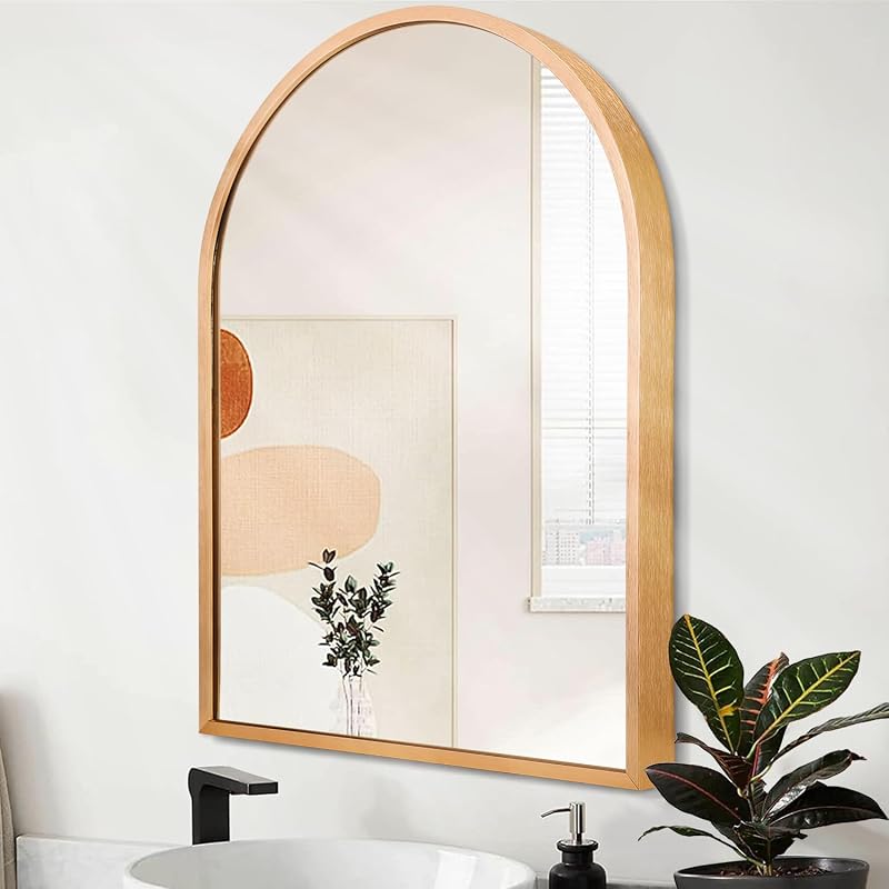 Espejo de pared Espejos de baño arqueados, marco de aleación de aluminio, espejo de tocador colgante para sala de estar, dormitorio, entrada, espejo de pared con marco de metal cepillado, dorado, 16.0 x 12.0 in