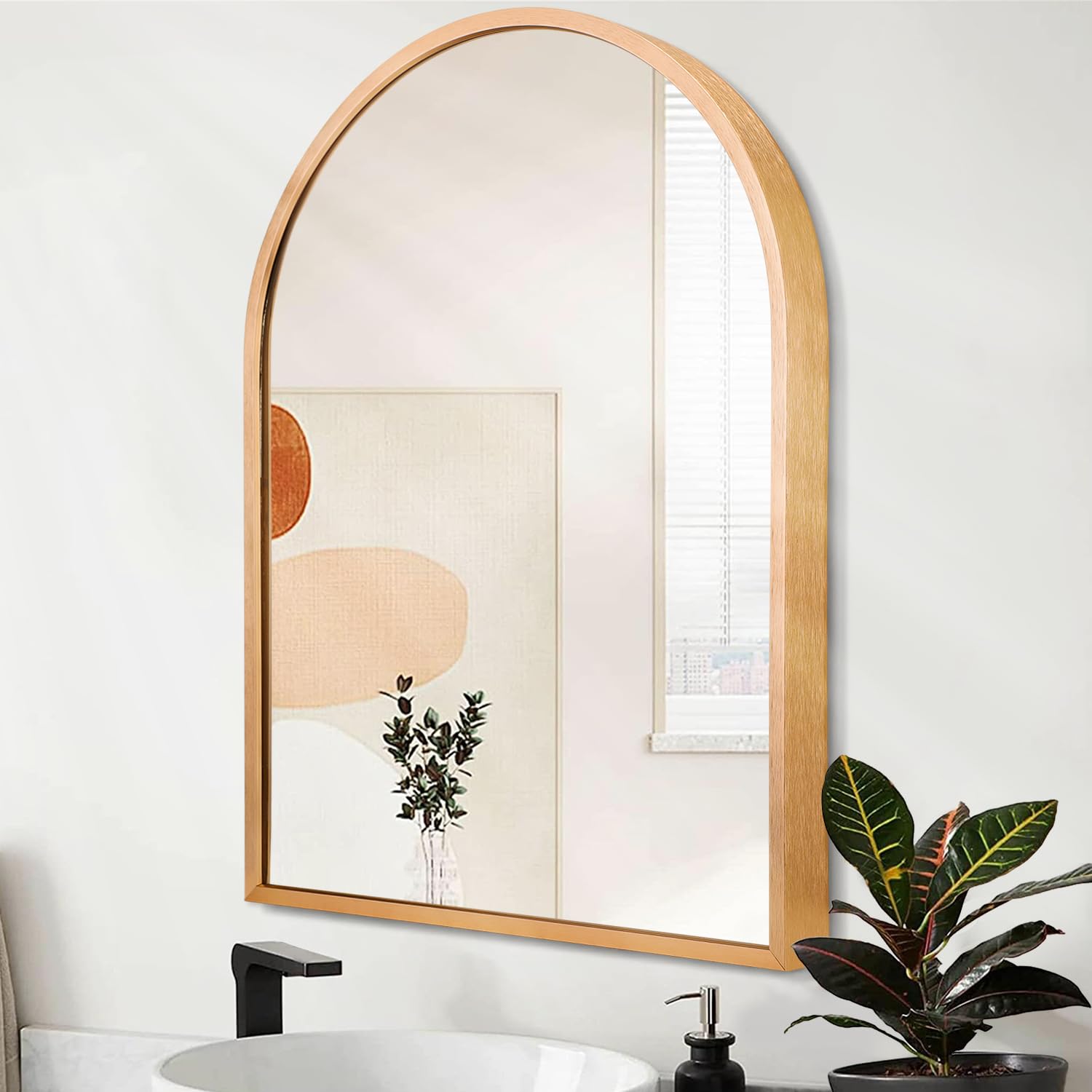 HLFMVWE Arched Wall-Mounted Mirror Gold Arch Mirror Aluminum Alloy Frame Bathroom Mirror for Vanity Living Room, Bedroom, and Entryway 20"x16"
