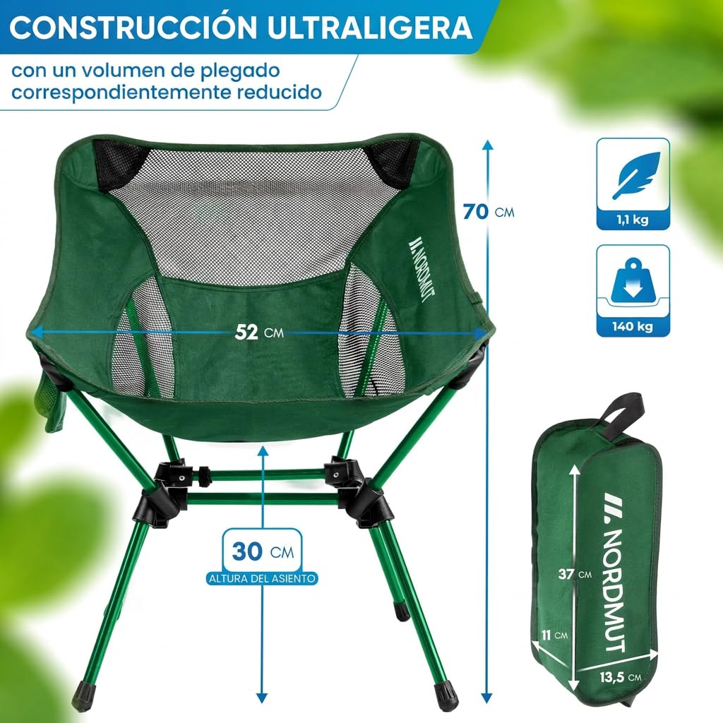 NORDMUT® Silla de Camping compacta y Ultraligera – pequeña con Capacidad de 150 kg – Silla Plegable de Aluminio Ligera para Camping, Outdoor y Festivales (2, Verde)