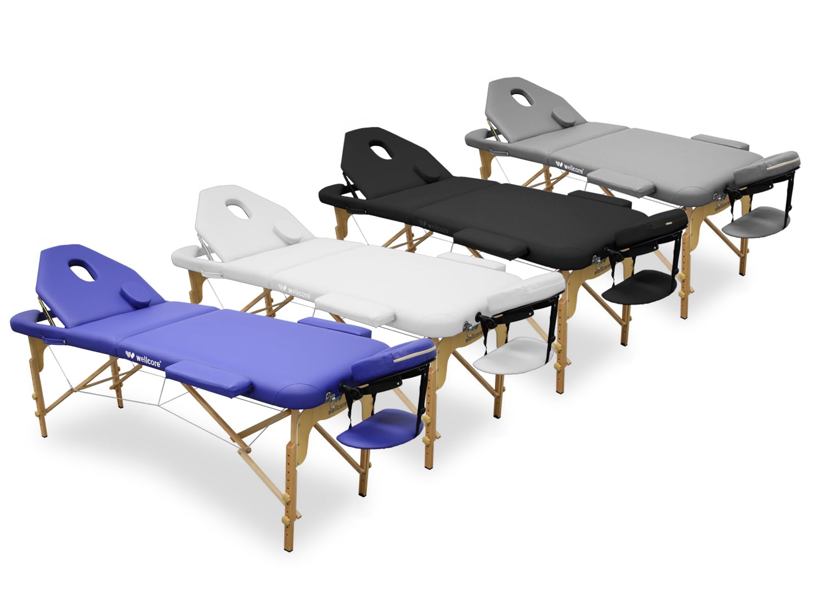 QUIRUMED Camilla de Masaje Plegable de Madera WELLCORE, con Respaldo abatible, Plus, 185 x 65 cm, Polipiel, Altura Regulable, Cabezal extraíble, Agujero Facial, Color Azul, hasta 225 kg