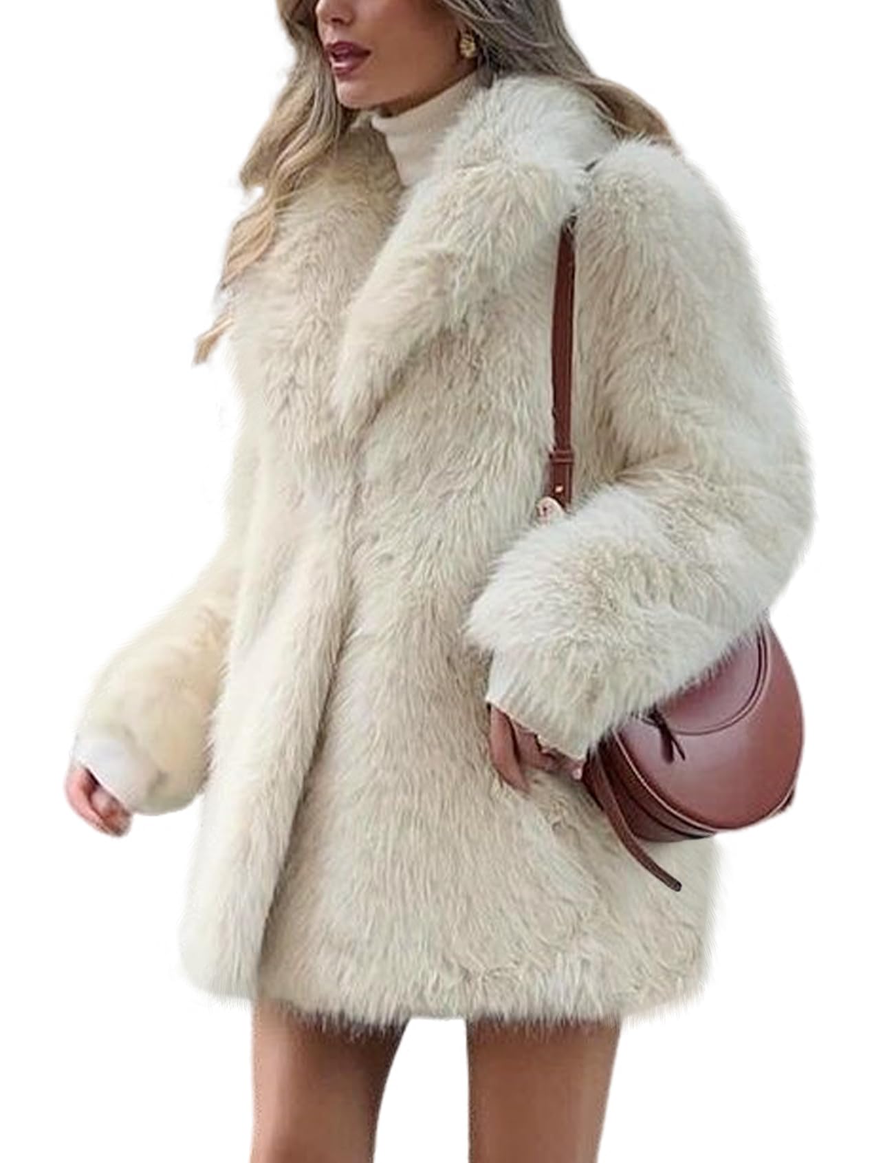 Cream Womens Faux Fur Coat Long Fluffy Furry Jacket(Apricot-XL)
