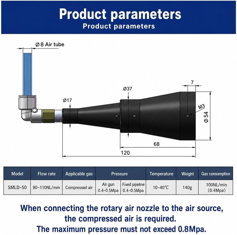 Aluminiowa dysza obrotowa napędzana powietrzem, obrotowa dmuchawa z ostrzem Daria, zakres odpowietrzania 52-60 mm, obrót 25 obr./min, przepływ rozdmuchiwania 2,5-4,0 barów, skuteczne usuwanie wody i