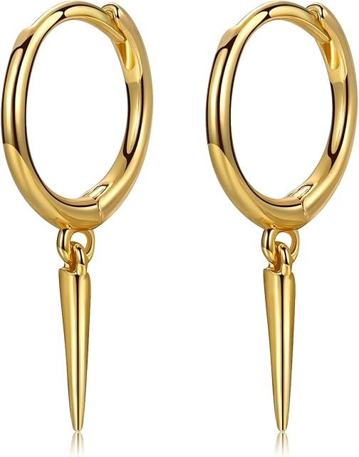 CERSLIMO Gold Dainty Dangle Huggie Hoop Earrings for Women Girls, S925 Sterling Silver Drop Earrings | 14K Gold Plated Small Minimalist Geometric Spike Evil Eye Lightning Bolt Dangle Earrings