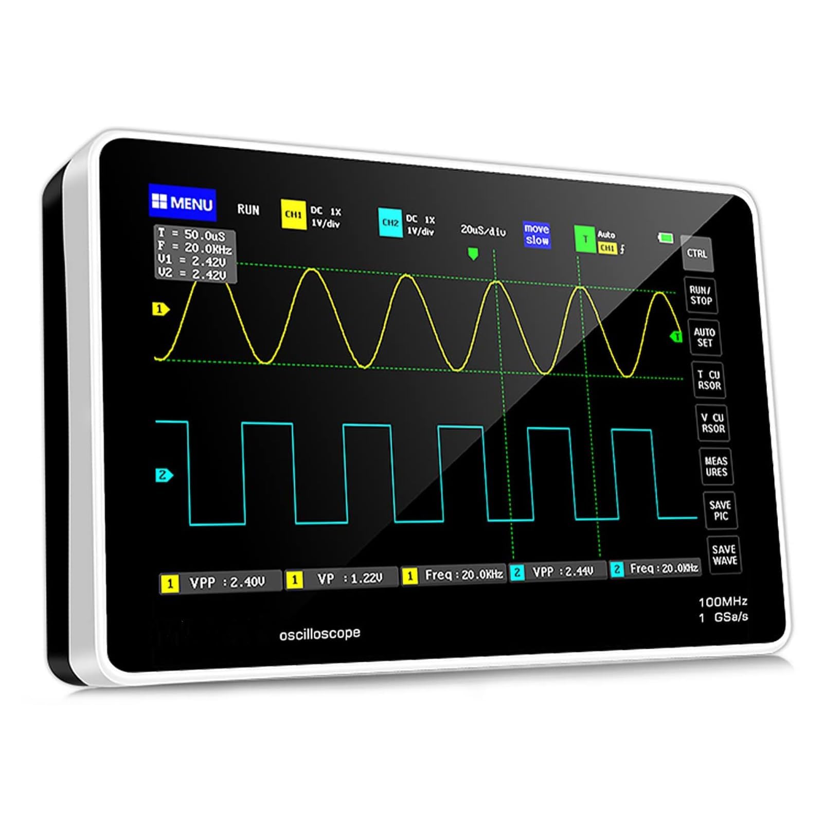 Digital Oscilloscope 2 Channels 1GS/s Storage Oscilloscope, 100MHZ Bandwidth Handheld 7" TFT Touchscreen Portable Professional Oscilloscope with USB Type-C