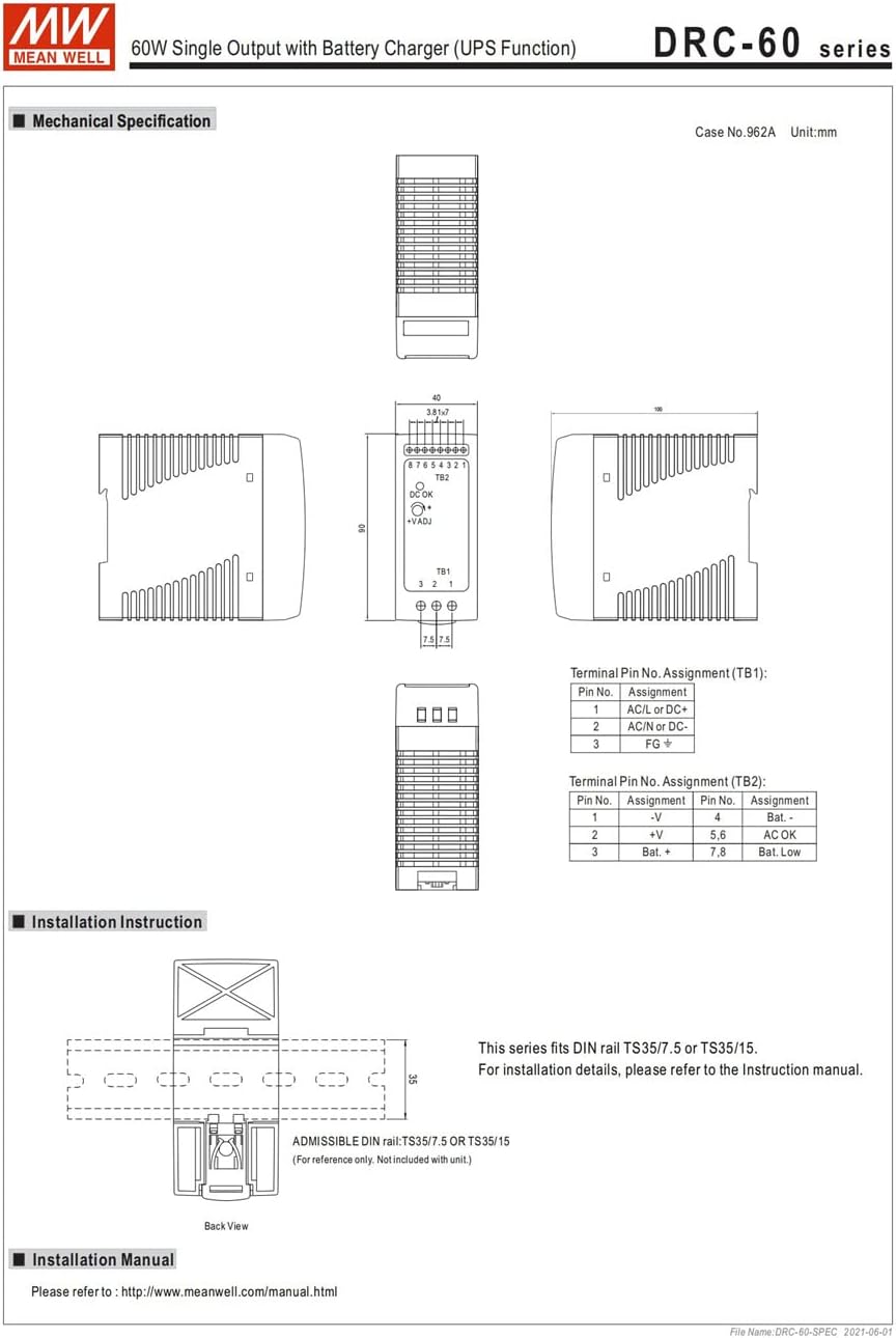 MW Mean Well Plastic Case DRC-60A/B 13.8/27.6V Specific Single Output with Battery Charger (UPS Function) DC-DC Power Supply (DRC-60B)