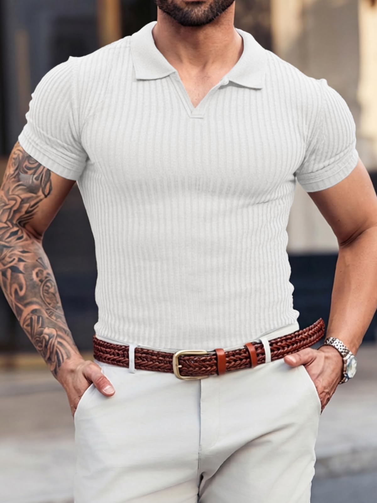 Runcati Męska koszulka polo z krótkim rękawem, dekolt w serek, z dzianiny, slim fit, na lato, jednokolorowa, do golfa, na czas wolny, rozciągliwa
