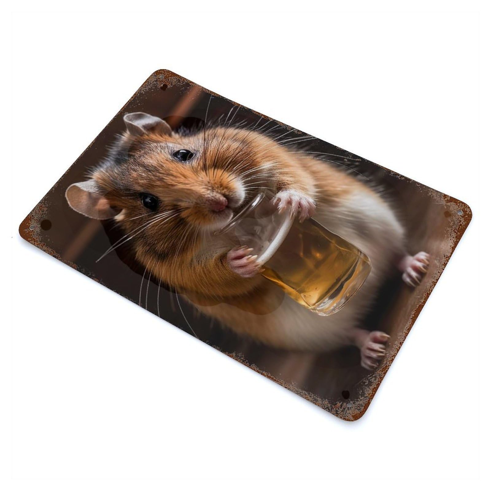 Retro Metal Sign with Hamster Drinking Beer Design 11.8"x7.9", for Living Room, Hallway And Home Decor, Farmhouse Wall Decor