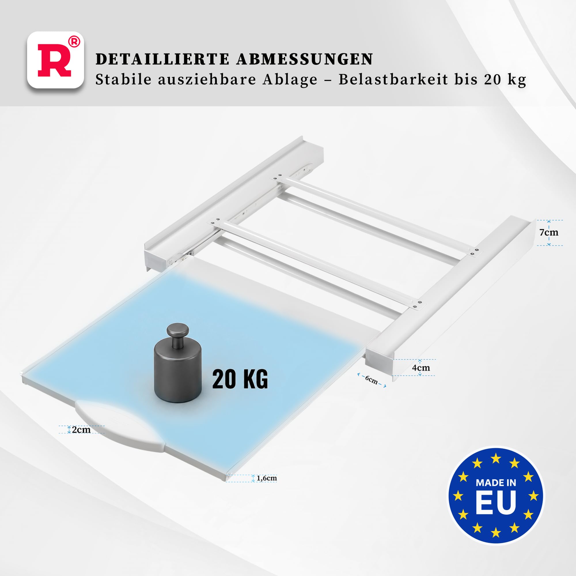 ROLLER Kappatos Premium Verbindungsrahmen mit Schublade, 250 kg Aluminium | Zwischenbaurahmen Waschmaschine Trockner, 60x60 cm, Stapelrahmen mit Ablage, Made in EU
