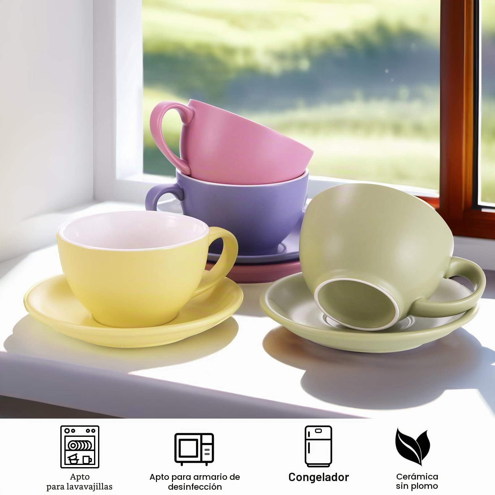 Yundu Juego de tazas de capuchino de color mate de 4 a 10 onzas de cerámica con platillos, elegantes tazas de espresso para café y té