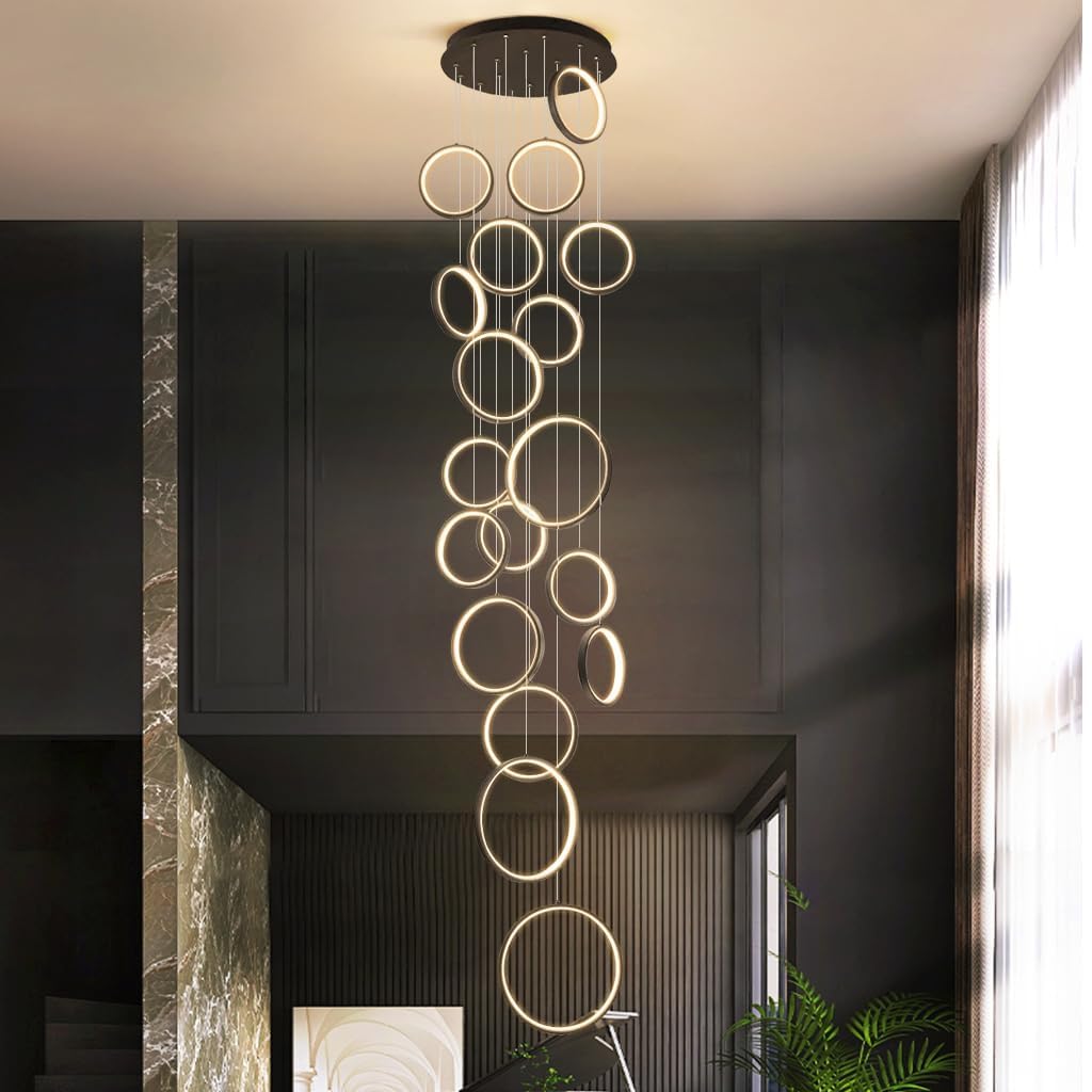 KXEcoLife 18 Spiral Staircase with Remote control,Dimmable Long Chandelier for Villa,Arch,High Foyer,300cm Adjustable Height,Large Stair Ceiling Light(18 lights