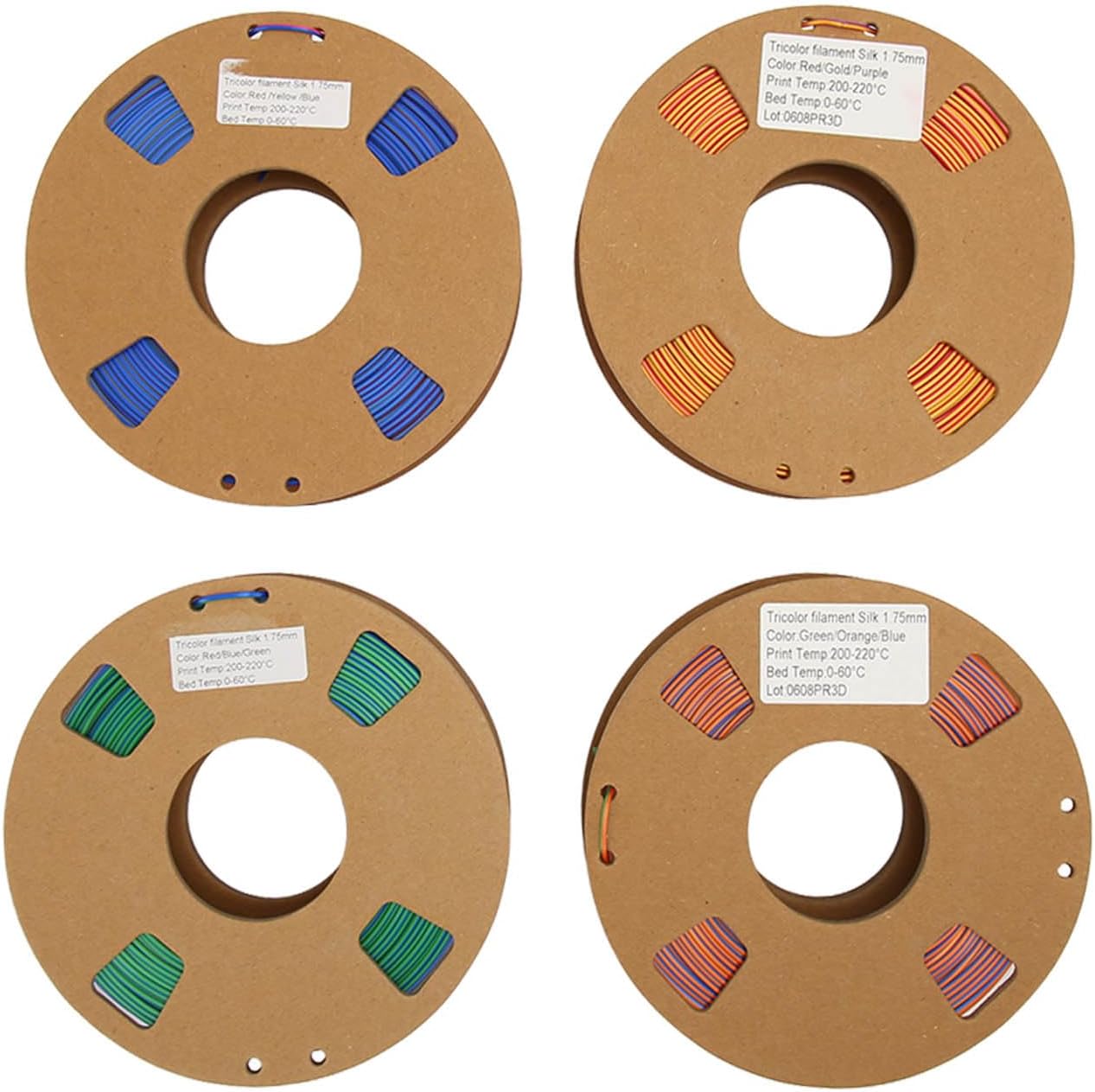 4Pcs 175mm. PLA 3D Printer Filament, Triple Colors Silk PLA Filament, 88oz. Net Weight, 200 220℃ Printing Temperature, Glossy Finish, for 3D Printers and 3D Pens