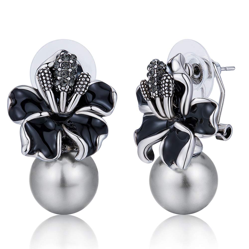 Rose Gold/Silver Plated Flower Pearl Earrings Stud/Clip On for Women