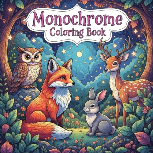 Monochrome Coloring Book: Whimsical Animals for Adults: Playful Black-and-White Creatures and Magical Scenes for Stress Relief &