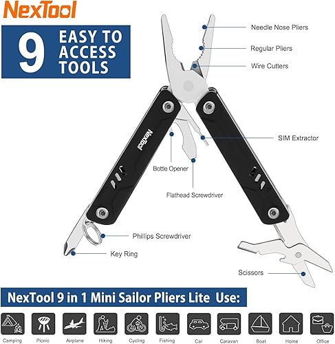 Miniatura 7 de NexTool Mini multiherramienta - Llavero 9 en 1 multiherramienta con alicates de punta de aguja, tijeras, extractor SIM y destornilladores para