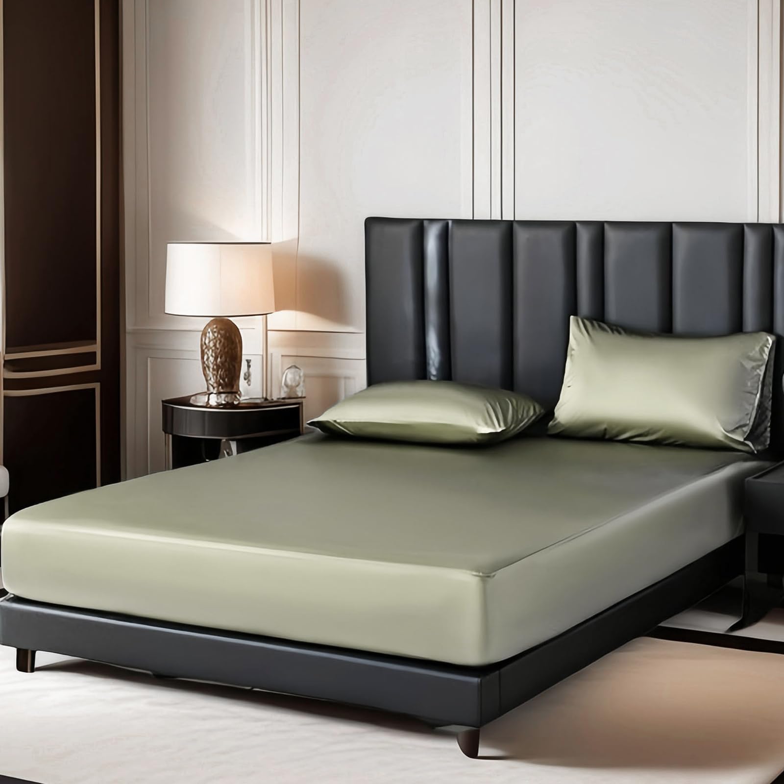 Satin Fitted Sheet Queen Size 80x60 Silky Soft Cooling Bed Sheet 15 Deep Pocket Wrinkle-Free Breathable Secure Elastic