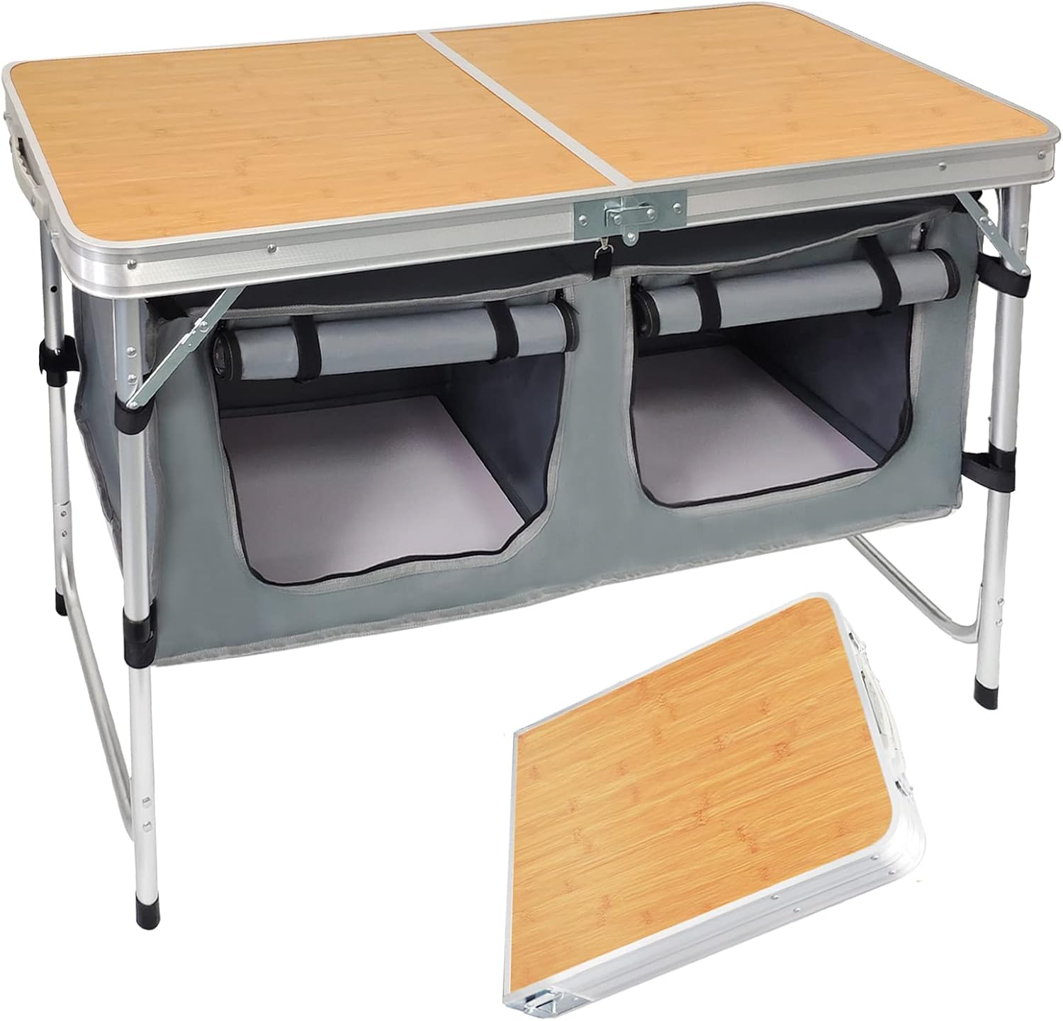 Folding Camping Table with Storage Lightweight Camp Tables Portable Indoor/Outdoor Collapsible Table Height Adjustable Camp Kitchen Perfect for Picnic, Beach, Travel, Tailgating, Backyards, BBQ, Party Bamboo