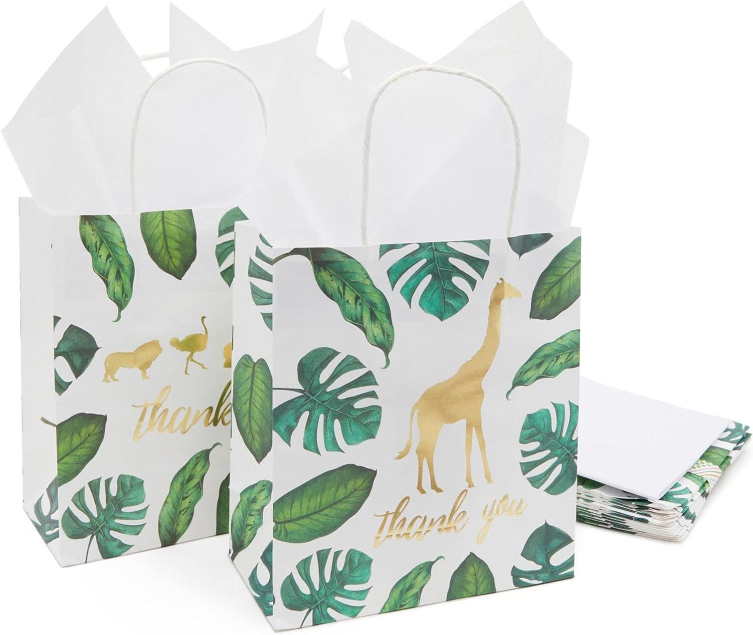 Juvale Safari Gift Bags - 12 Pack, 8 x 9 x 4 In, White/Green/Gold Foil - Goodie & Thank You Sacks with Tissue Paper for Birthday Safari Party Favors
