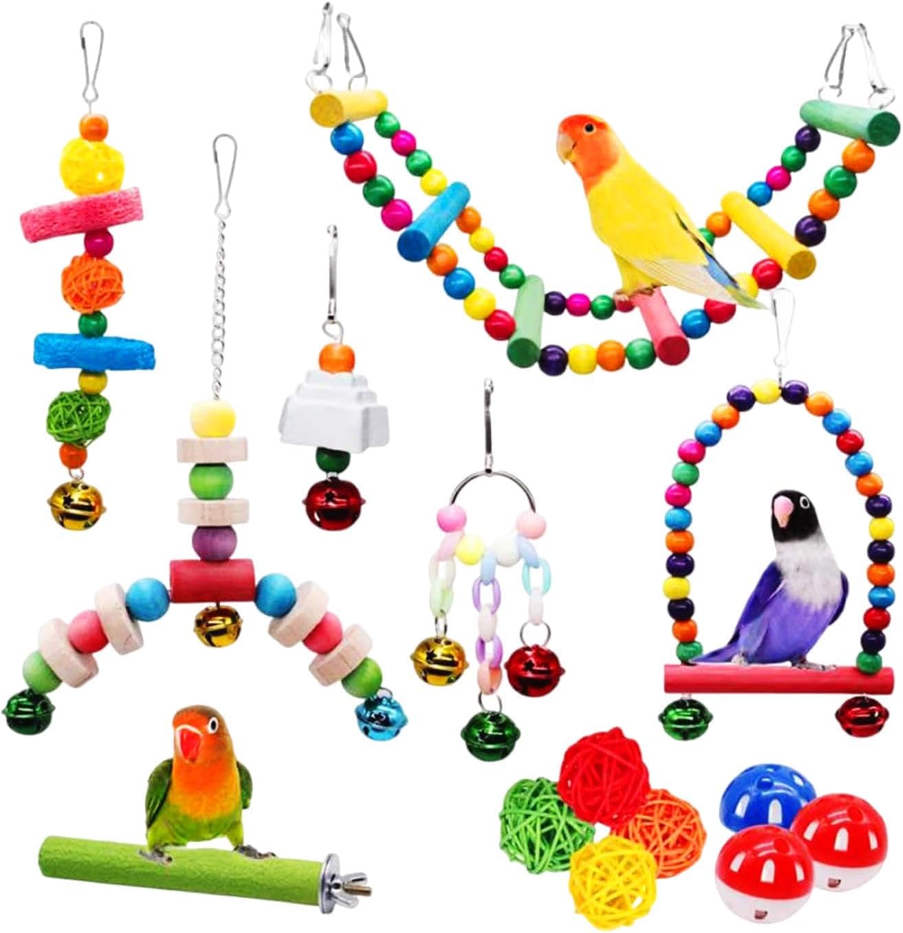 MQUPIN Bird Parrots Toys 14-Pack Cage Toys Hanging Swing Climbing Shredding Perches Ladders Sepak Takraw Bell Frosting Stick Parrot Set Toy for Medium Budgie,Finches,Cockatiels,Conures,African Parrot…
