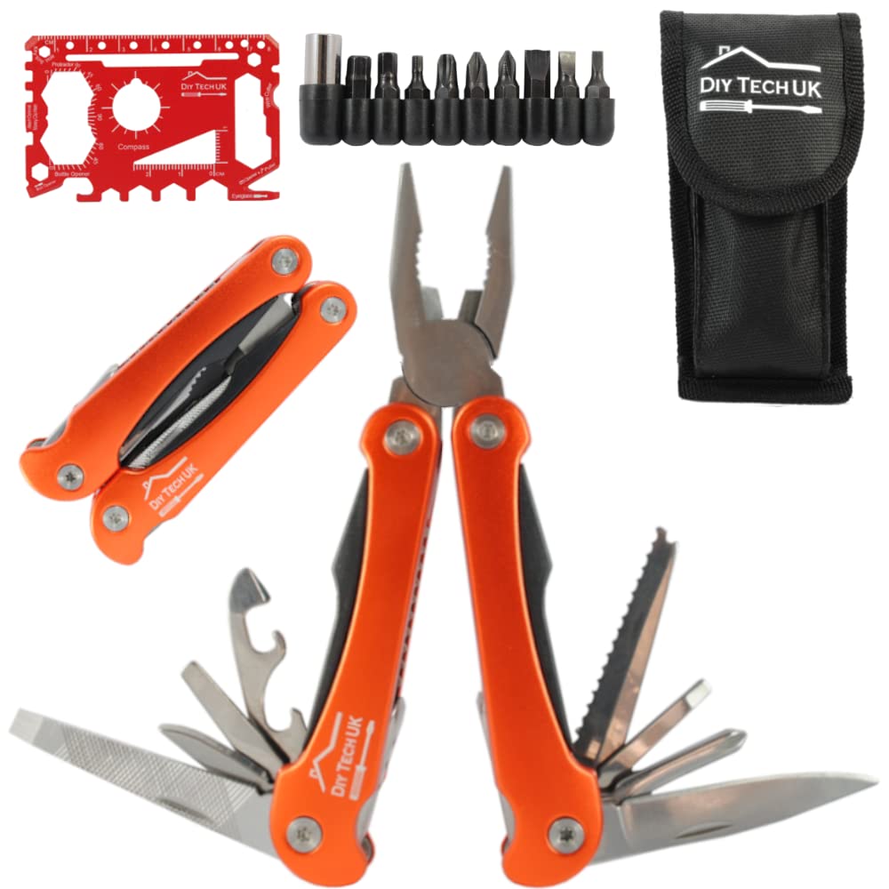 DIY TECH UK - 23 in 1 Pliers Multitool + Small Multi Purpose Tool Camping Hiking Survival + Free 48 in 1 Credit Card Gadget - Wire Cutter, Screwdrivers, Bottle, Tin Opener, Saw, Knife + Pouch - Orange