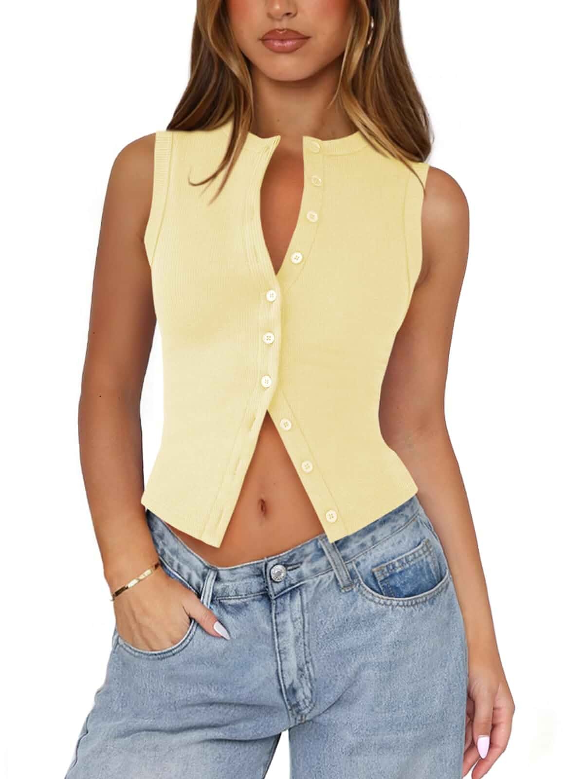 Ribbed Button Down Tank Tops for Women Going Out Top Knit,Crewneck,Sleeveless,Cropped,Slim,Button Up Shirt,Trendy Sexy Casual,Vacation,Fitted Vest Women Summer Outfits.
