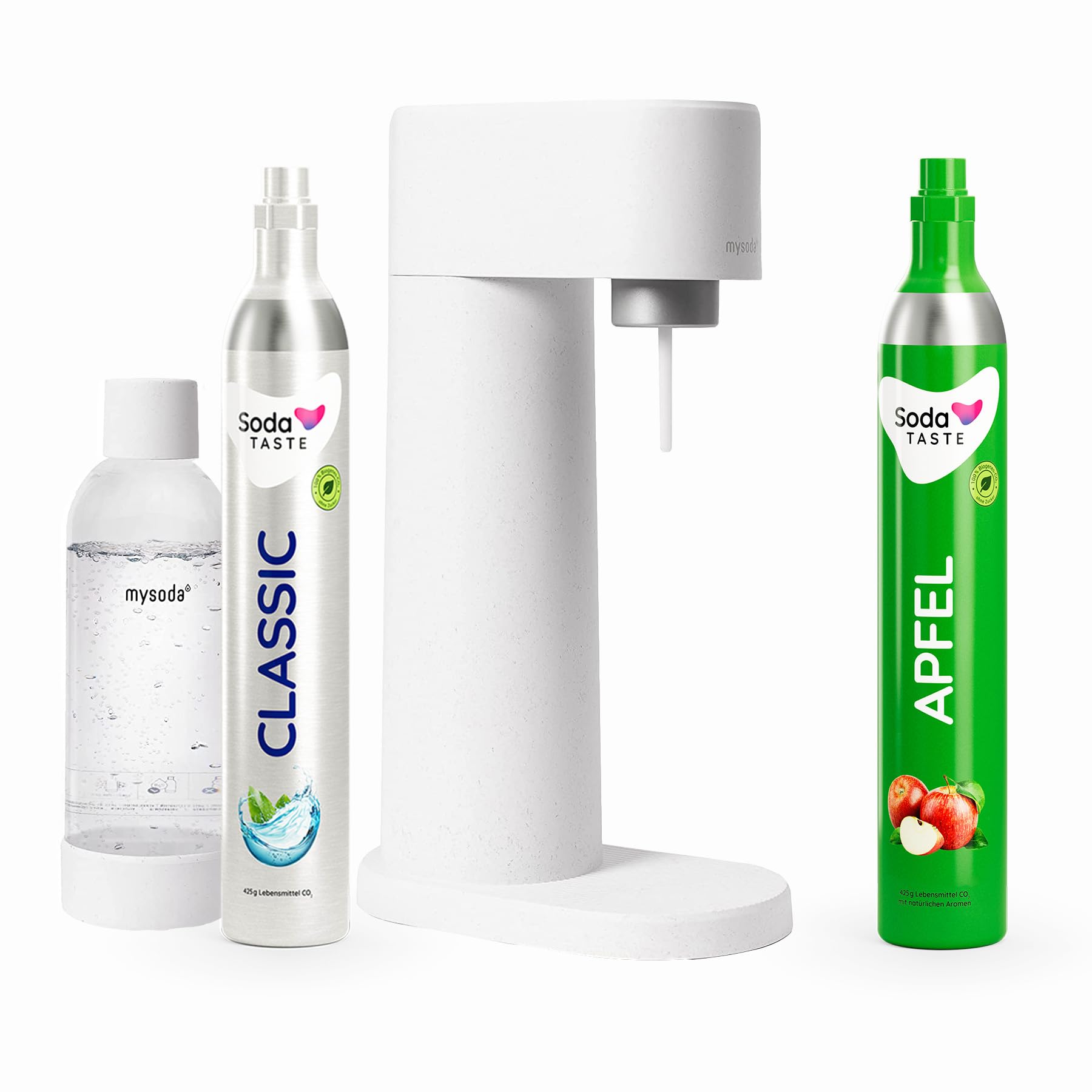 Pack économique : Mysoda Woody - Purificateur d'eau en bois composite renouvelable avec bouteille en plastique de 1 L sans BPA, cylindre de CO2 Classic + cylindre de CO2 Pomme (Blanc)