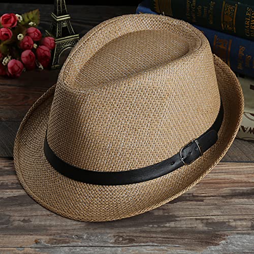 Image of SIQITECHNO Straw Fedora Sun Hat Straw Cowboy Hat for Women Men Classic Short Brim Fedora Trilby Roll Up Panama Jazz Beach Cap