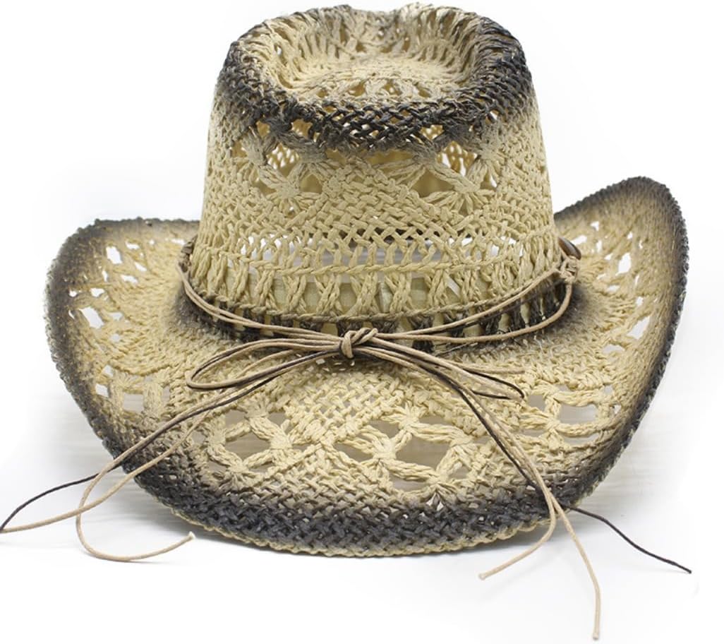 Western Straw Cowboy Hat with Beaded Band, Hollow Weave Design, Brown