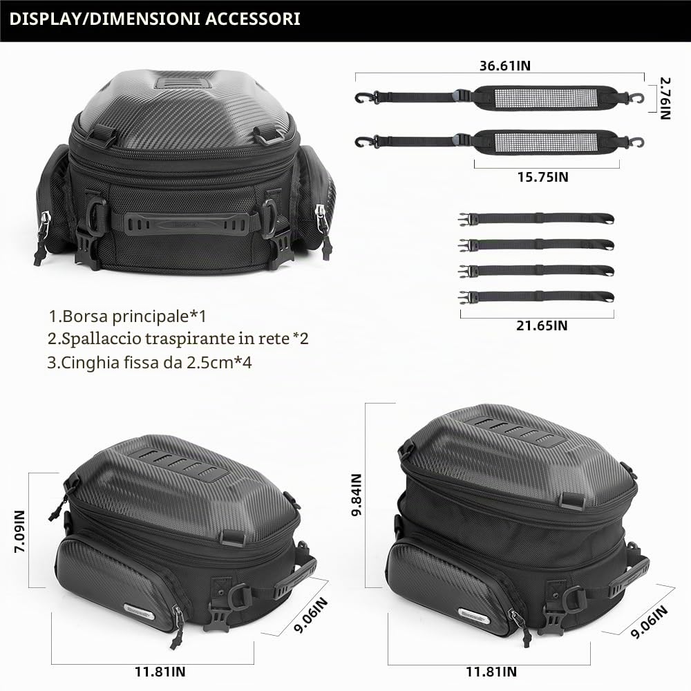 Rhinowalk Borsa portaoggetti rigida per moto, impermeabile, capacità 12-18L, espandibile