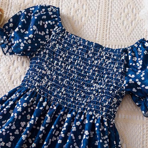 Girls Summer Bubble Sleeve Floral Casual Dress Smocked A-Line Tunic Midi Dresses Round Neck Party Outfit Clothing3