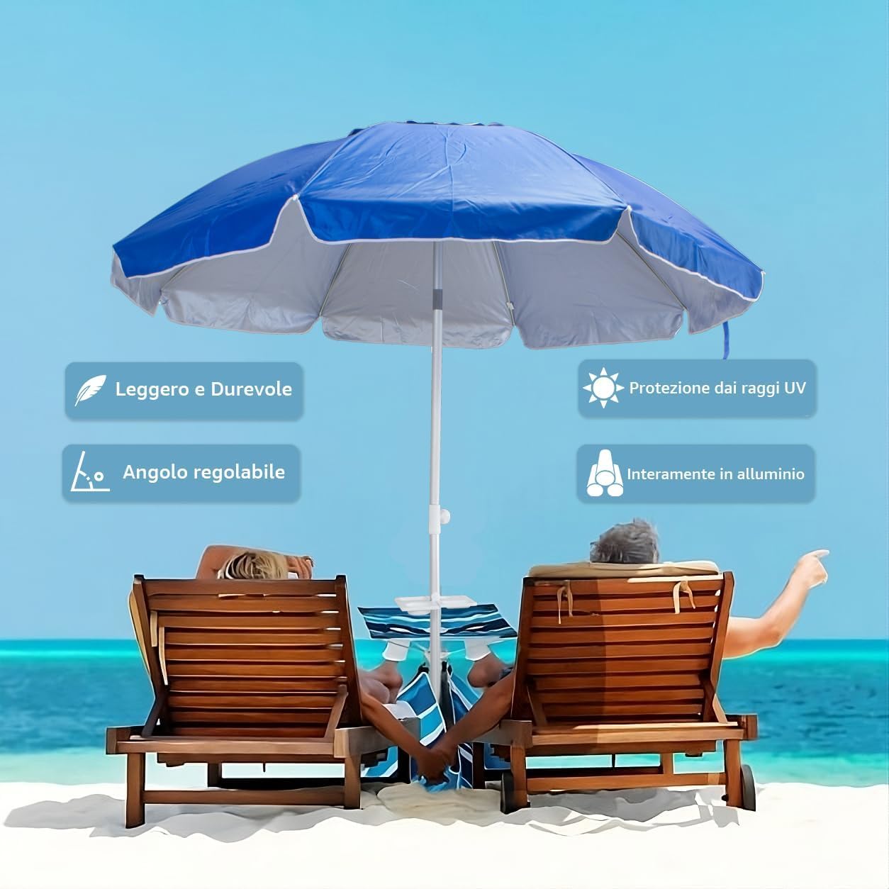 Ombrellone da Spiaggia Maiori – Struttura in Alluminio, Telo Anti UV, Snodo Zincato, Stecche in Fibra di Vetro, Base a Trivella, Sacca con Tracolla
