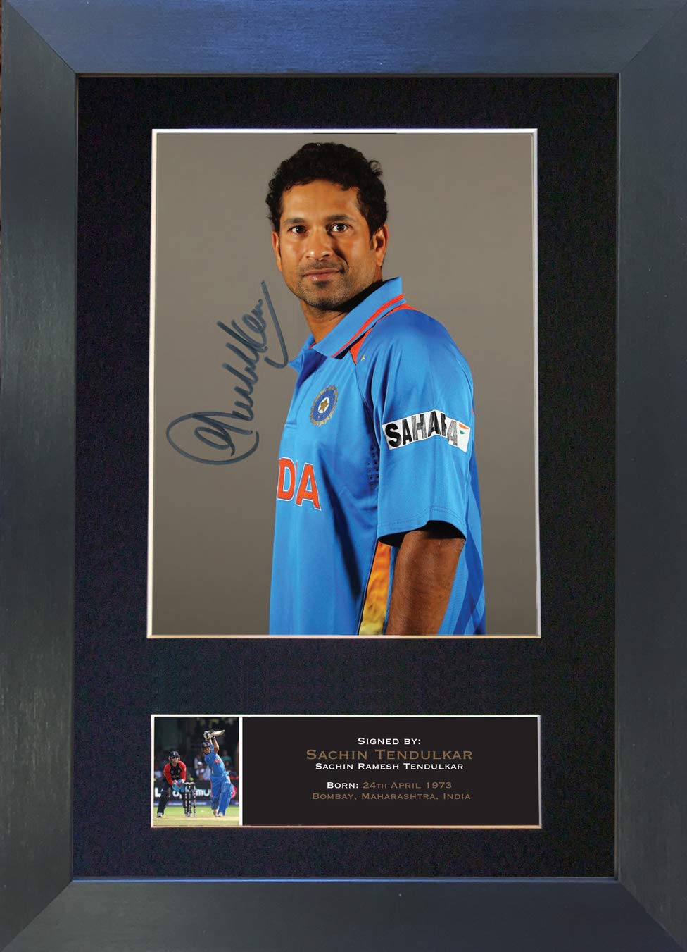 The Autograph Collector Gold,Black Sachin Tendulkar Signed Autograph Mounted Photo Reproduction Print A4 Rare Perfect Birthday (297 X 210Mm) #548 (Black Frame)