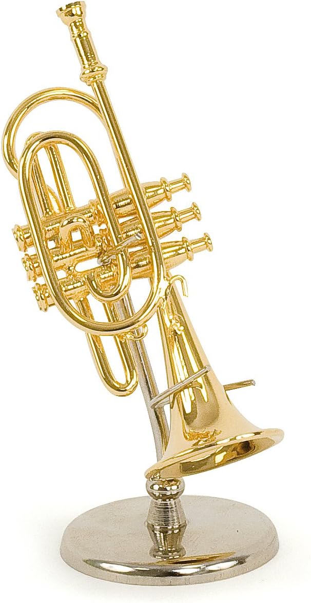 Miniature Trumpet - Brass Golden Color - Decorative Music Item - Delivered with Its Box and Stand - Height 12 cms