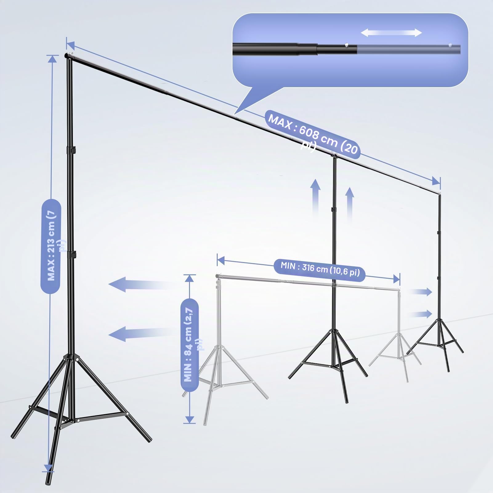 EMART Support de Fond, 6x2,1m Grand Support Toile de Fond Photo Réglable avec Raccord Pivotant 308°, Fond Photo Studio pour Studios Photo, Mariages, Anniversaires, Décorations de Salon