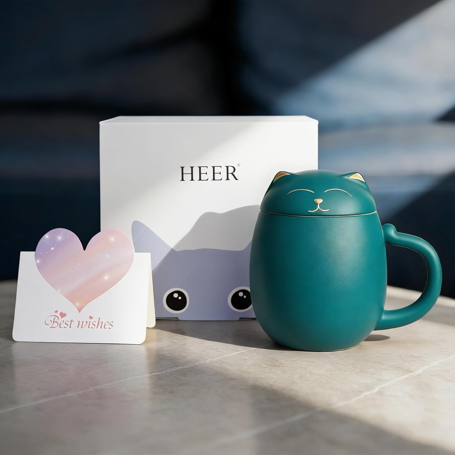 HEER Cat Tea Cup with Infuser and Lid, Cute Tea Mug with Strainer for Steeping Loose Leaf, Ceramic Teacup Birthday Christmas Cat Lover Gifts for Women, Men, Mom, Sisters, besties. (Green) - Image 2