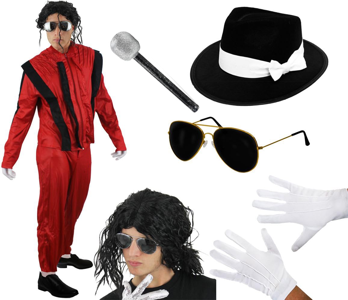 Costume da re del pop per adulti, giacca e pantaloni rossi e neri, parrucca afro rilassata, cappello Fedora nero, occhiali da sole, guanti, microfono, per uomo e donna, icona della musica anni '80