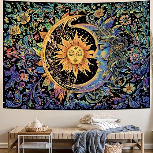 Image of MAKABEE Tarot Style Sun and Moon Tapestry Psychedelic Mystic Floral Tapestry Hippie Boho Flower Plants Wall Tapestry Vintage Aesthetic Tapestry Wall Hanging for Bedroom