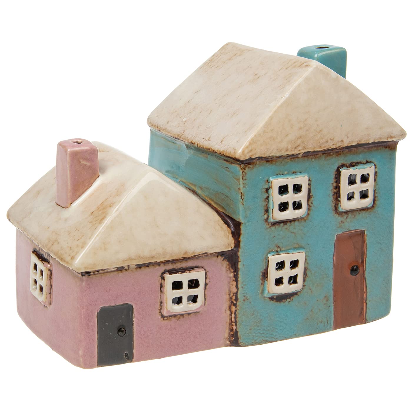 Village Pottery Pink and Aqua Houses Double Tealight Holder