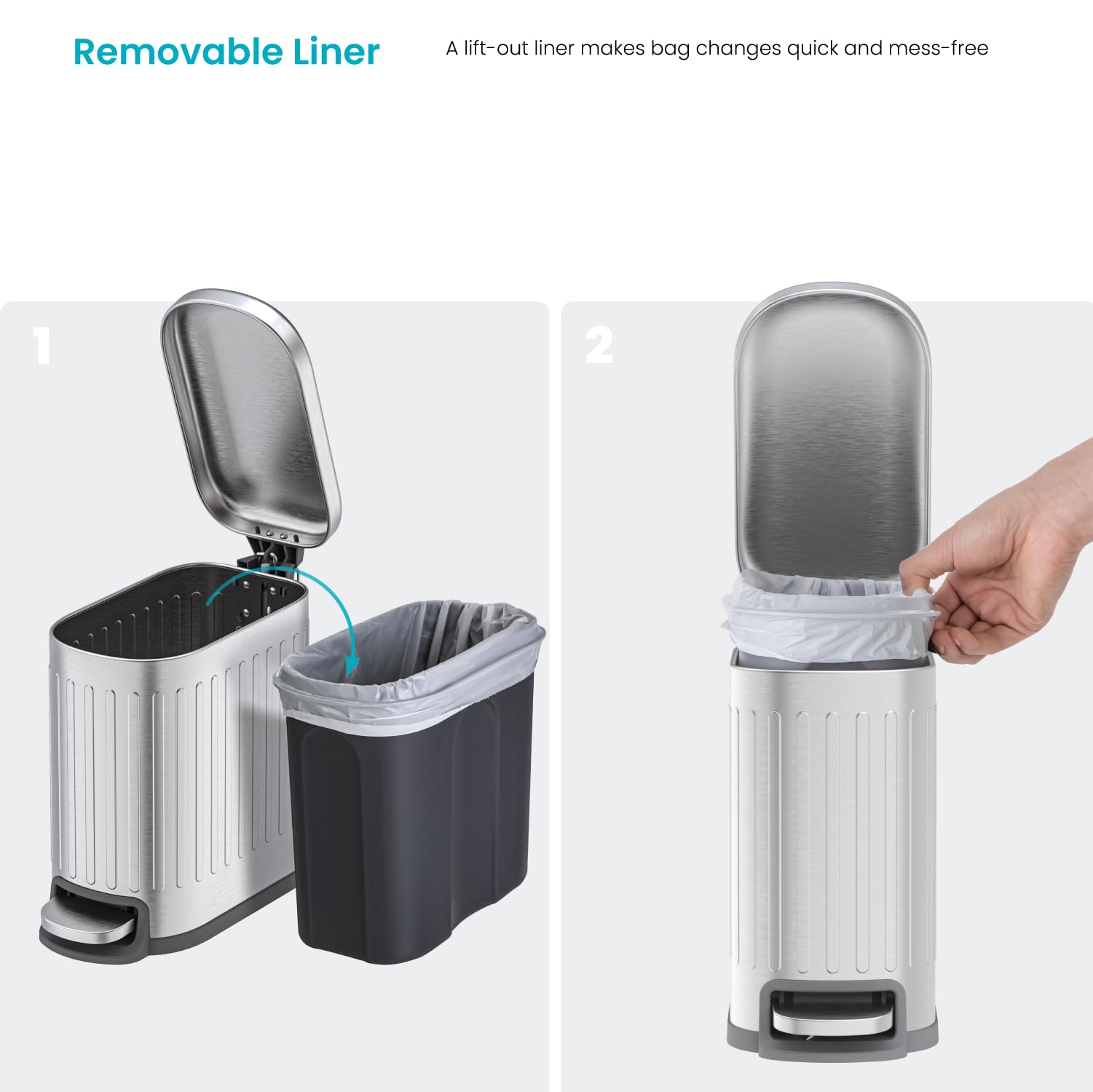 Home Zone Living Kleiner Mülleimer mit Deckel und Trittpedal, Edelstahl mit schlankem Rippen-Design, für Zuhause und Büro, silberfarben, 5 Liter