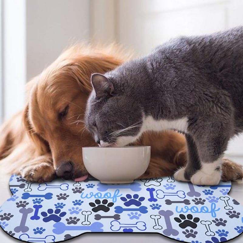 Dog Food Mats for Floors Waterproof, Pet Feeding Absorbent Water Bowl Mat Cat Placemats Blue Bone Shape 25.5 * 17 inch
