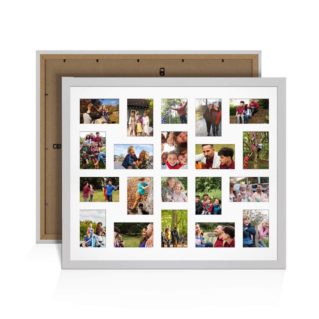 Procut Global 80X70CM Silver Photo Frames For Multiple Pictures with White Mount-Modern Collage Frame with 20 Apertures (18x) 6x4, (2x) 4x4-Engineered Wood with Shatterproof Perspex — image 1