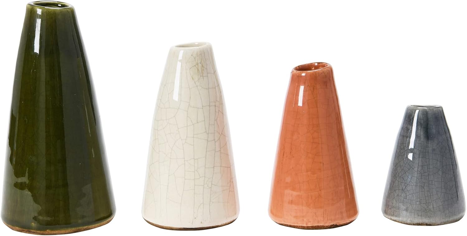 Creative Co-Op Conical Stoneware Bud Vases in Crackle Glaze, Beige/Mustard Tones, Set of 4