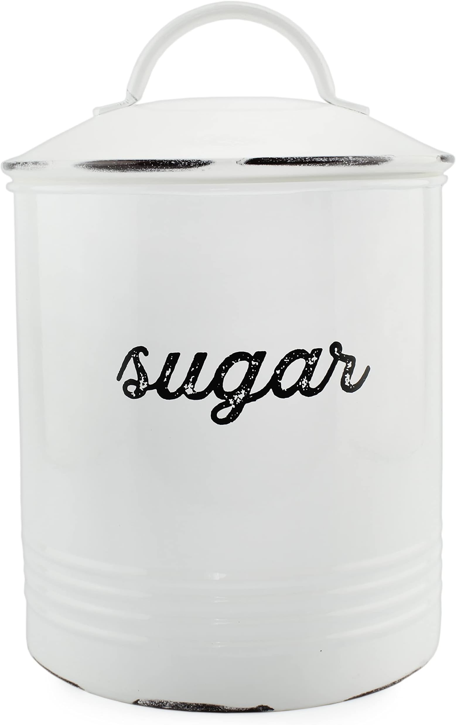 Enamelware White Sugar Canister; Rustic Distressed Style Staples Storage for Kitchen