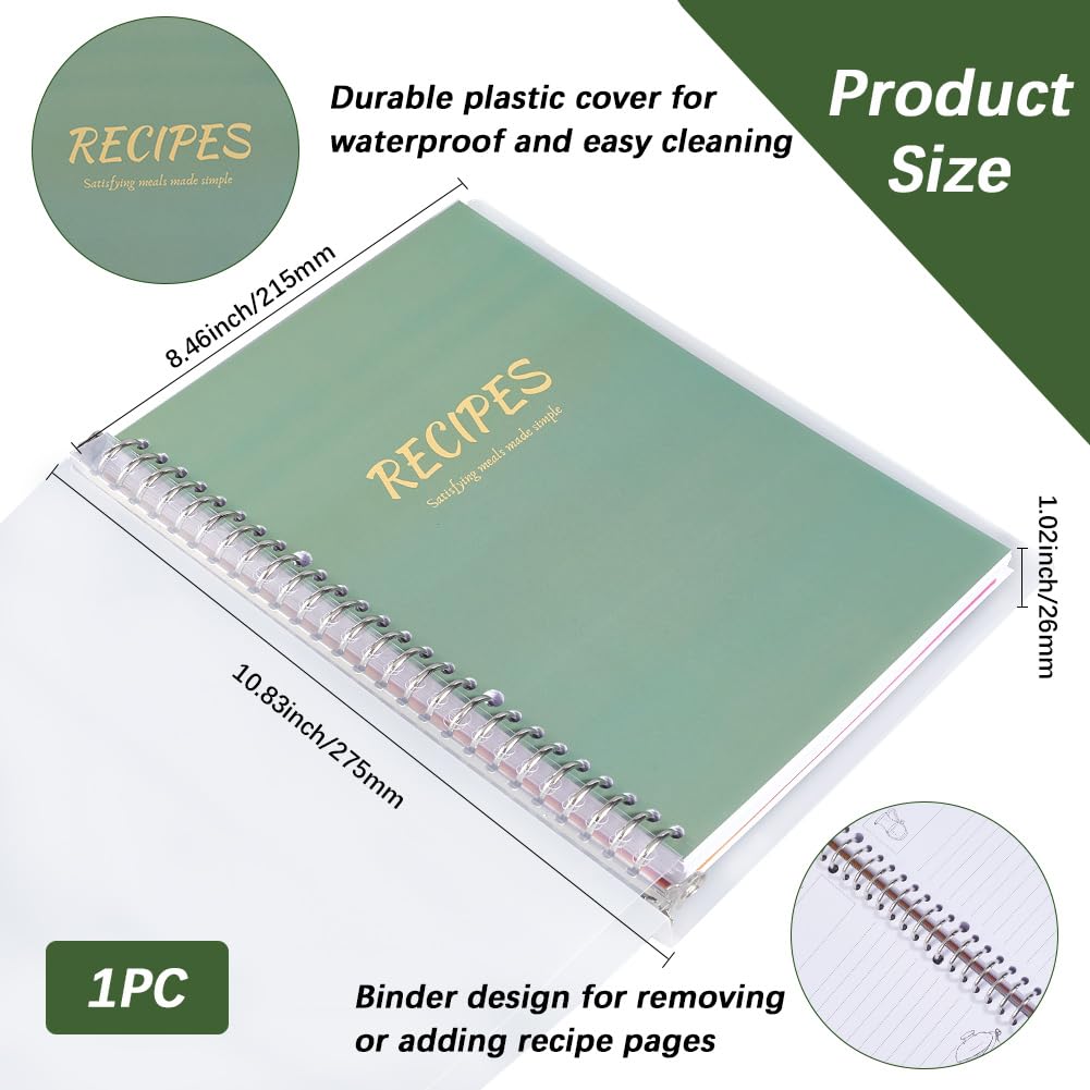 Quaderno di Ricette Vuoto da 10.8 x 8.5 Pollice con 80 Pagine Interne in Plastica Verde Mare Scuro Copertina Rigida Rimovibile Raccoglitore Personale per Cucina Fai da Te Cucina Casalinga