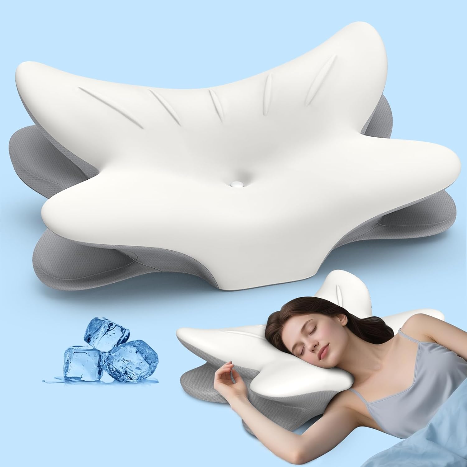 Cervical Neck Pillow for Pain Relief, Ergonomic Side Sleeper Pillow for Sleeping, Orthopedic Contour Memory Foam Bed Rest Pillows for Sleeping, Cooling Cervical Pillow for Back Stomach Sleepers White & Grey